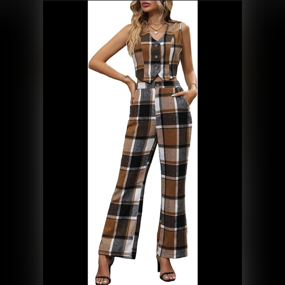2 Piece Coffee Brown Plaid Cropped Trouser Pants & Vest Matching Set - Picture 14 of 16
